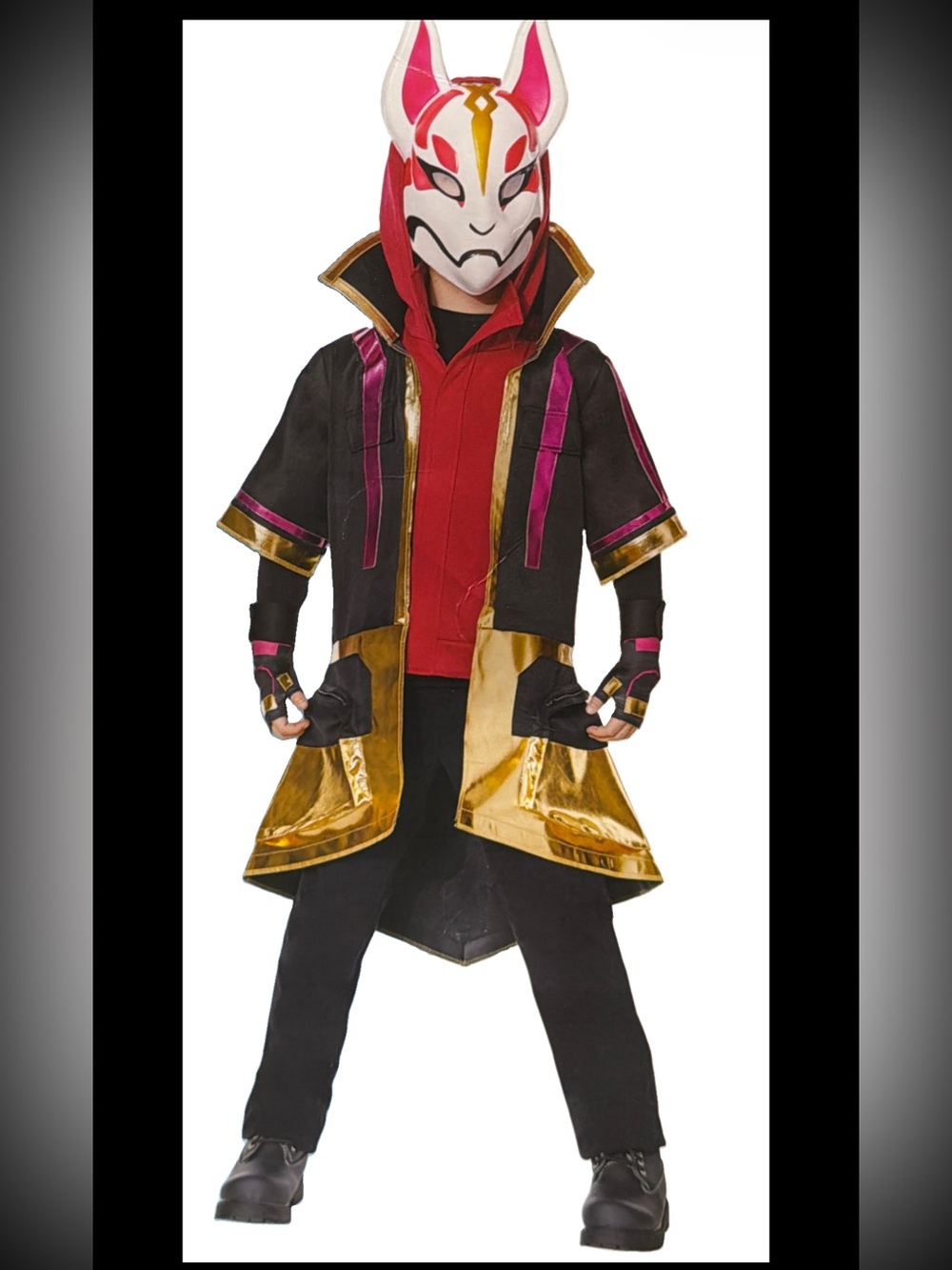 Fortnite DRIFT COSTUME KIDS Boys 14/16 Coat Hoodie Mask gloves, Black Gold Pink